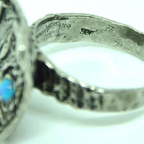 Artisan Sterling Silver Blue Opal Flower Ring – Hand Hammered, Size 7.5 - Picture 14 of 15